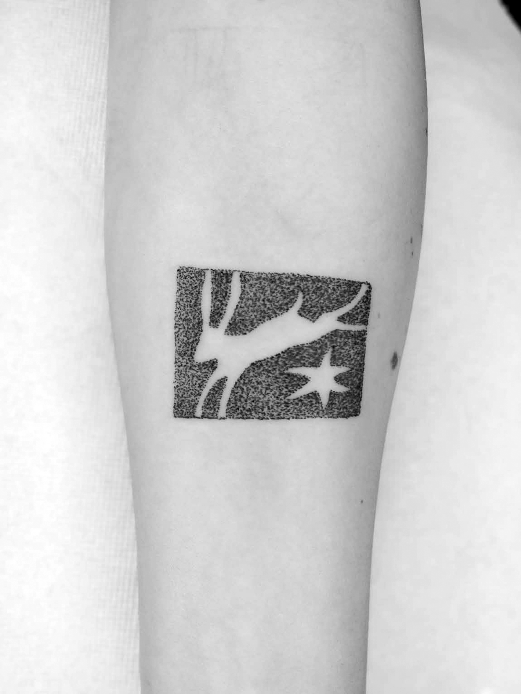 Tatuaggio in bianco e nero raffigurante una lepre.