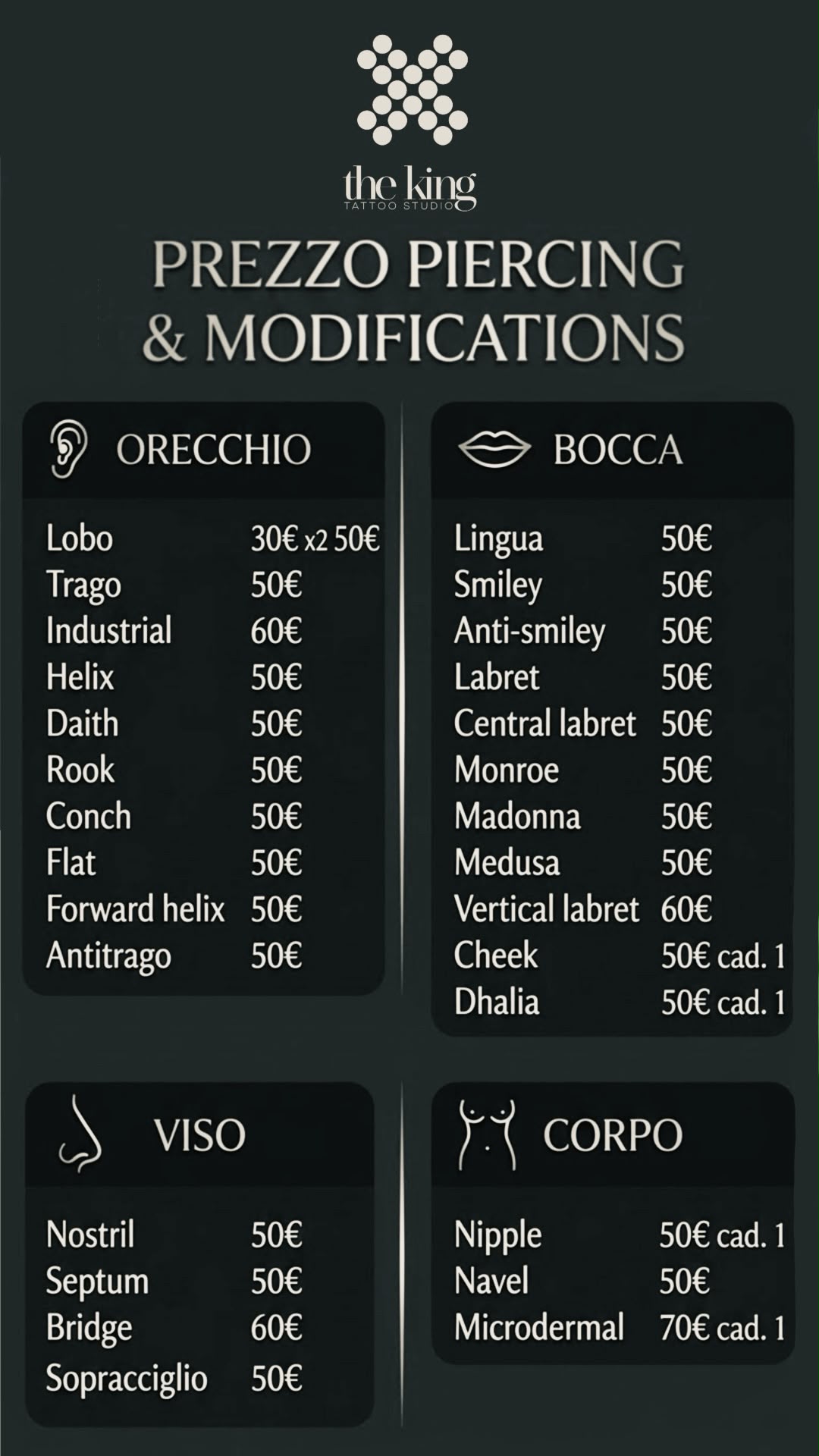 Listino Piercing Day con prezzi per orecchio, bocca, viso e corpo.