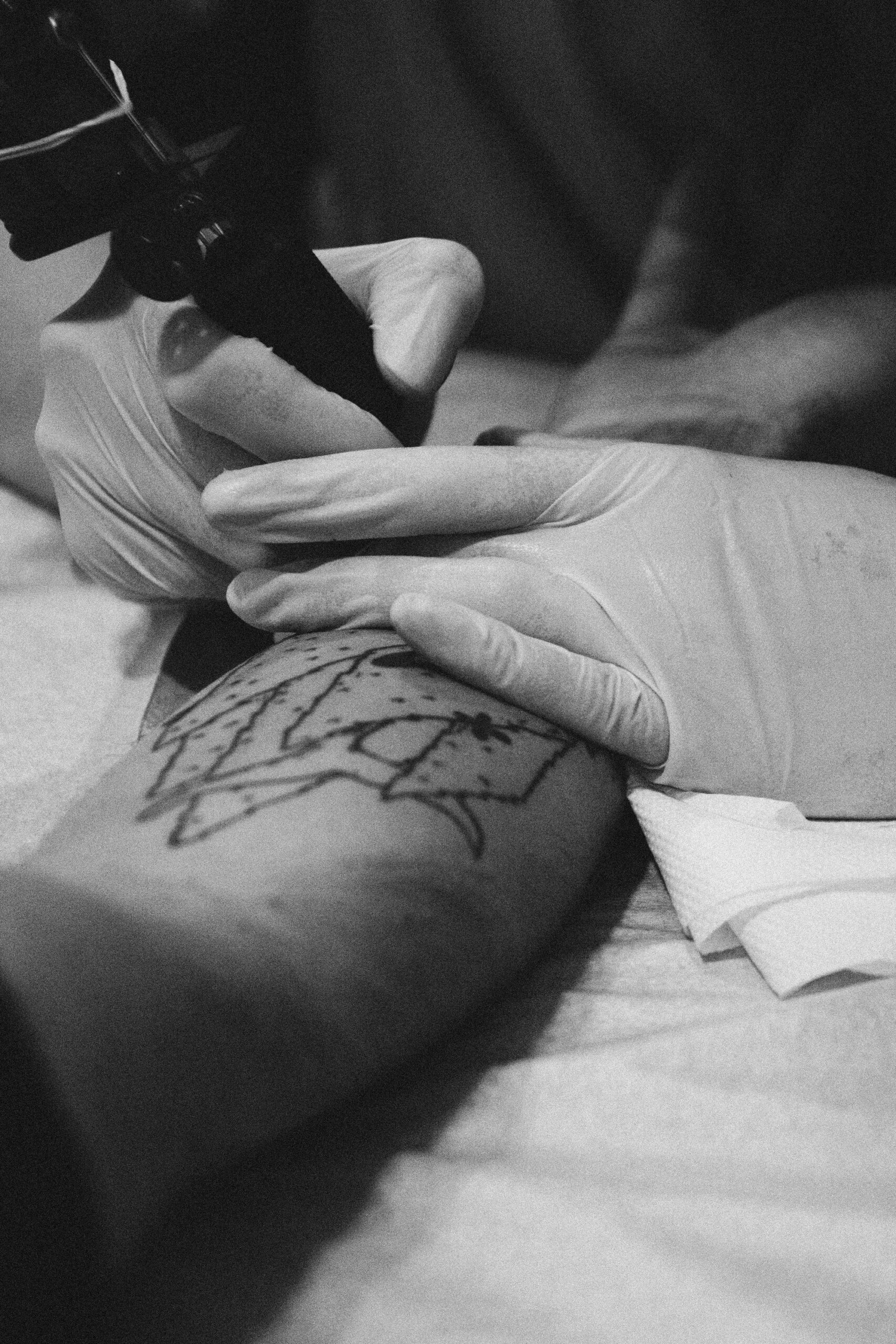 Mani guantate durante una sessione di tatuaggio. Foto di riferimento.