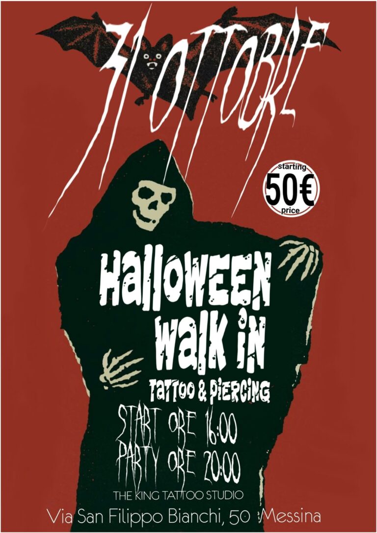 Halloween Walk In, tattoo e piercing. 31 ottobre: inizio ore 16:00, party ore 20:00. Prezzi a partire da 50 euro. The King Tattoo Studio, Via San Filippo Bianchi 50, Messina.