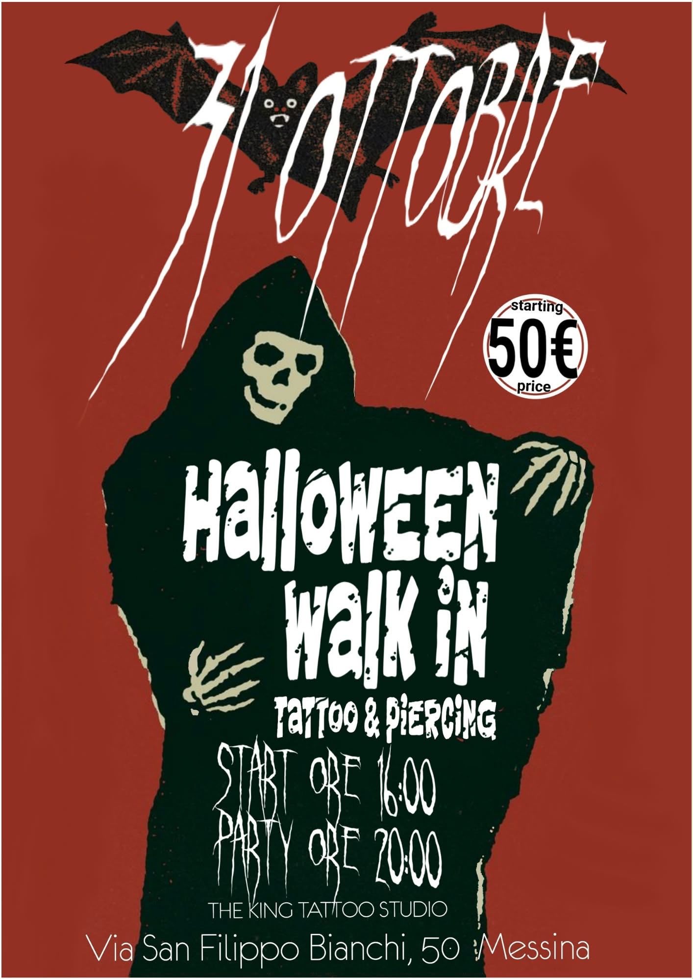 Halloween Walk In, tattoo e piercing. 31 ottobre: inizio ore 16:00, party ore 20:00. Prezzi a partire da 50 euro. The King Tattoo Studio, Via San Filippo Bianchi 50, Messina.